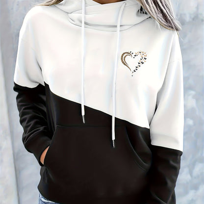 Women's Fashion Color Block Heart Pattern Casual Hooded Sweatshirt