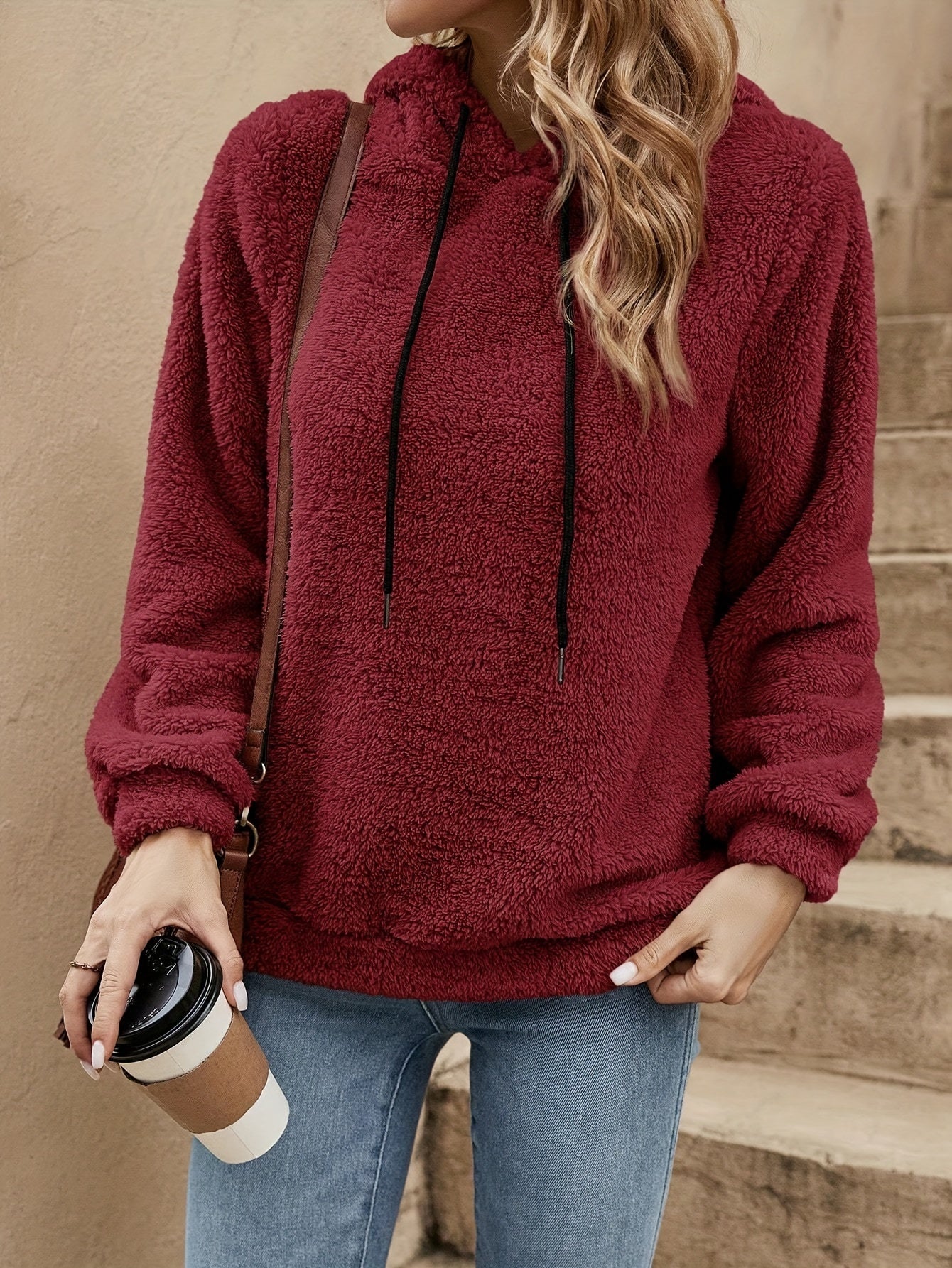 Solid Color Teddy Hoodie, Casual Long Sleeve Drawstring Hooded Sweatshirt, Women'S Clothing