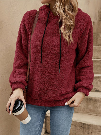 Solid Color Teddy Hoodie, Casual Long Sleeve Drawstring Hooded Sweatshirt, Women'S Clothing