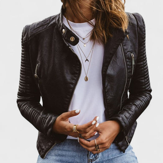Elegant Black Leather Jacket for Women with Snap Collar Long Sleeve Quilted Zip Front Moto Style