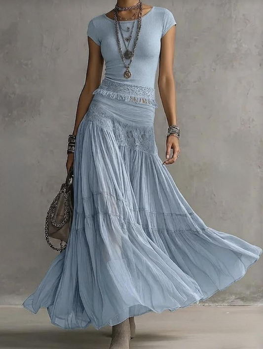 Effortless Blue Lace Two Piece Set for Women with Cap Sleeve Top Tiered Maxi Skirt Bohemian Style