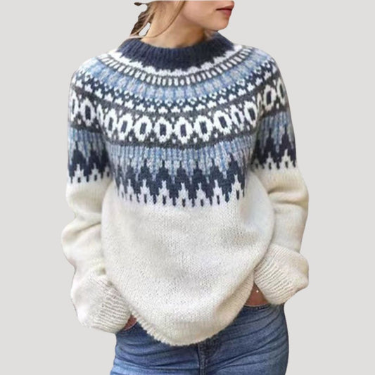 Comfortable Fair Isle Sweater for Women with Crew Neck Long Sleeve Colorblock Oversized Knit Style