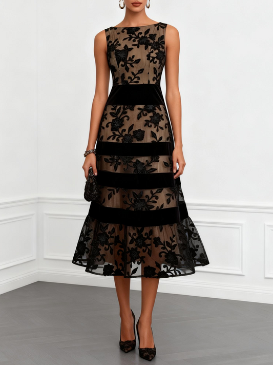 Elegant Black Floral Lace Midi Dress for Women with Boat Neck Sleeveless Velvet Stripe Formal Wedding Guest Style