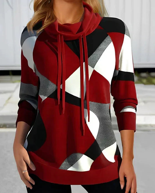 Effortless Geometric Print Tunic Top for Women with Cowl Neck Long Sleeve Drawstring Relaxed Style