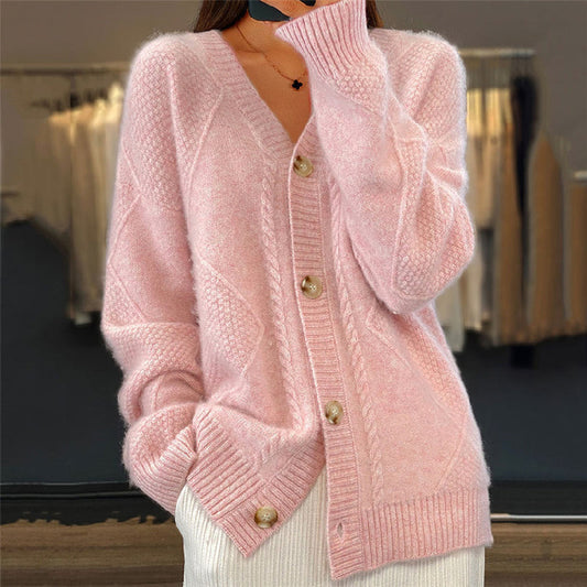 Comfortable Cable Knit Cardigan Sweater for Women with V Neck Long Sleeve Button Front Oversized Relaxed Style