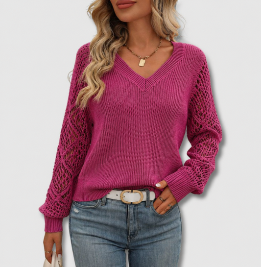 Comfortable Crochet Sweater for Women with V Neck Long Sleeve Ribbed Relaxed Oversized Knit Style