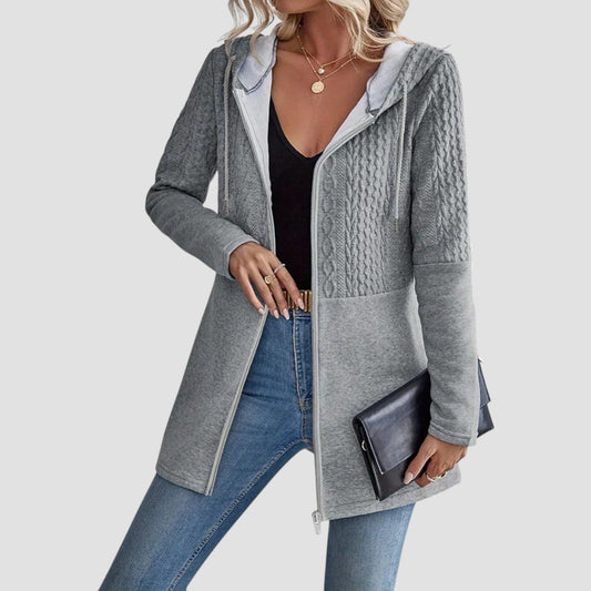 Comfortable Cable Knit Cardigan for Women with Hooded Long Sleeve Zip Front Colorblock Style