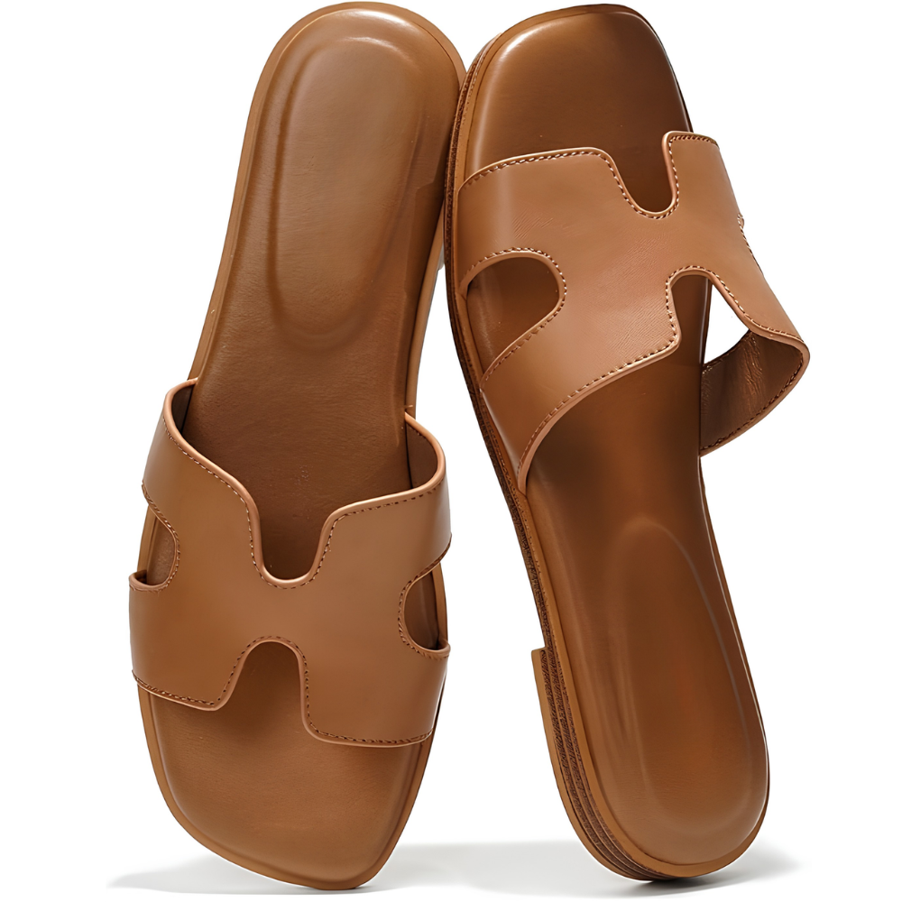 Comfortable Leather Sandals for Women with Cutout Strap Square Toe Flat Slide Style