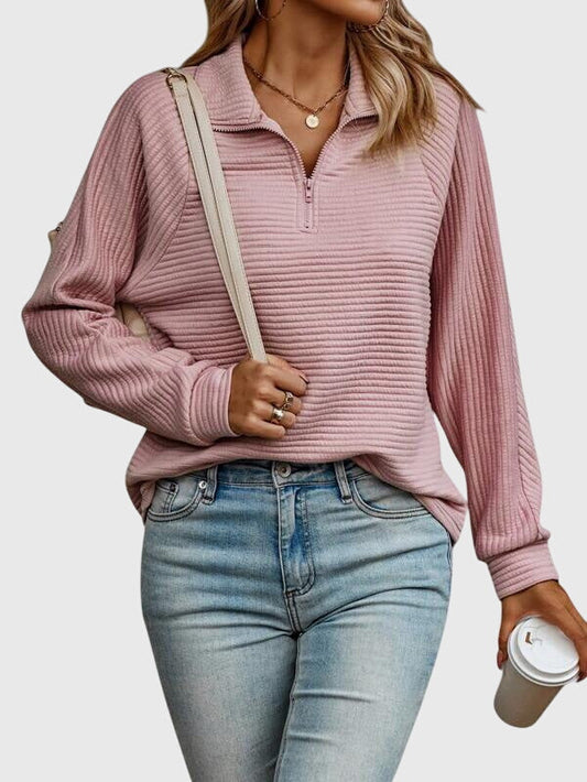 Comfortable Ribbed Quarter Zip Pullover for Women with Collared Long Sleeve Relaxed Oversized Knit Style