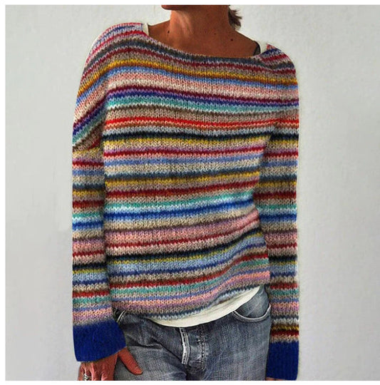 Comfortable Fair Isle Knit Sweater for Women with Crew Neck Long Sleeve Striped Oversized Style