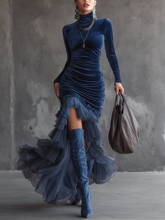 Elegant Dark Blue Velvet Mermaid Dress for Women with High Neck Long Sleeve Ruched High Slit Ruffle Hem Formal Party Style