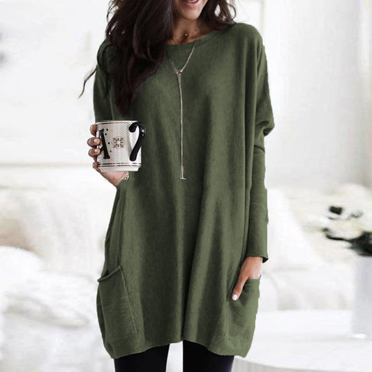 Comfortable Pocket Tunic Dress for Women with Crew Neck Long Sleeve Oversized Relaxed Style