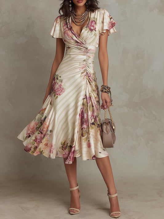 Elegant Ivory Floral Midi Dress for Women with V Neck Flutter Sleeve Ruched Wedding Guest Style