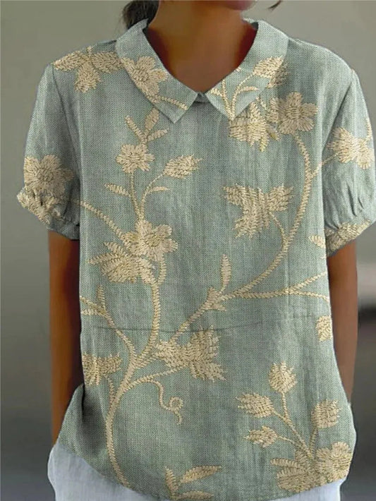 Effortless Floral Linen Blouse for Women with Collar Short Sleeve Relaxed Casual Style