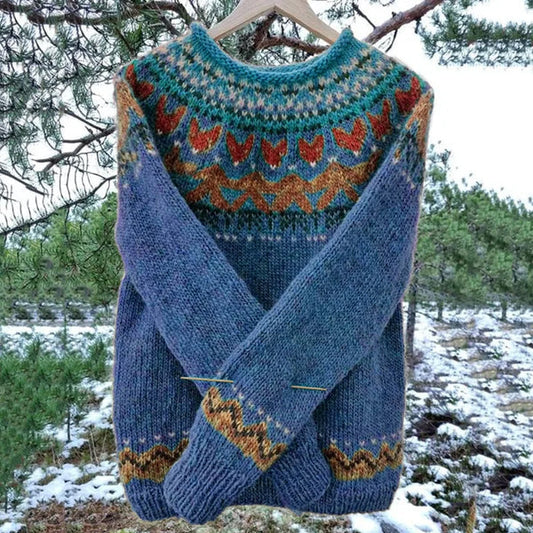 Comfortable Fair Isle Sweater for Women with Crew Neck Long Sleeve Relaxed Oversized Knit Style