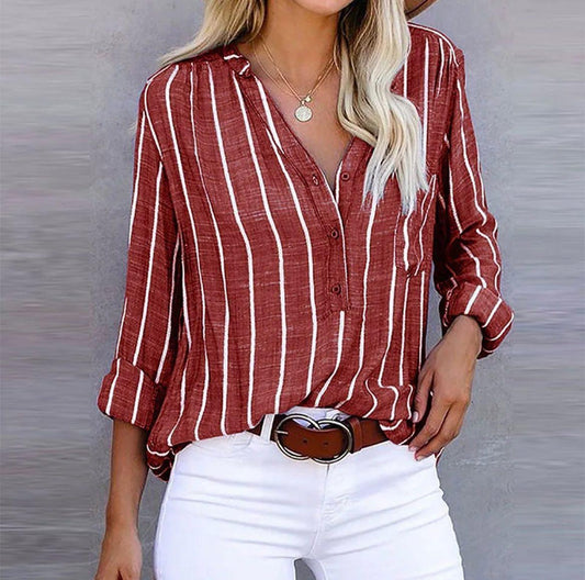 Effortless Striped Blouse for Women with V Neck Long Sleeve Button Front Relaxed Style