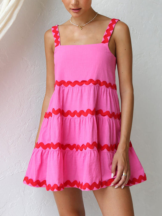 Effortless Tiered Trim Mini Dress for Women with Square Neck Sleeveless Ruffle Hem Sundress Style