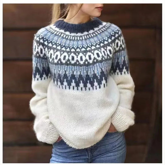 Comfortable Fair Isle Knit Sweater for Women with Crew Neck Long Sleeve Oversized Relaxed Style