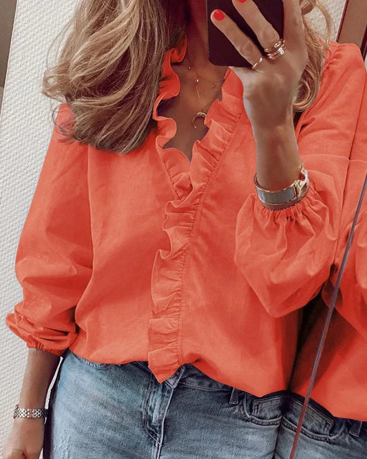 Effortless Ruffle Blouse for Women with V Neck Balloon Sleeve Relaxed Casual Style