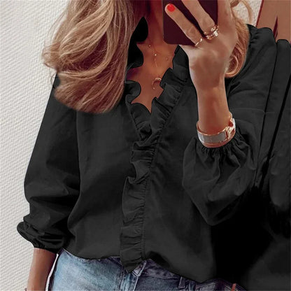 Juliet | Women's Blouse Button-Up Ruffle Trim Long Sleeve