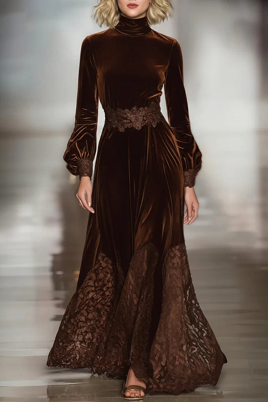 Elegant Brown Velvet Maxi Dress for Women with Turtleneck Bishop Sleeve Lace Trim Flowing Style