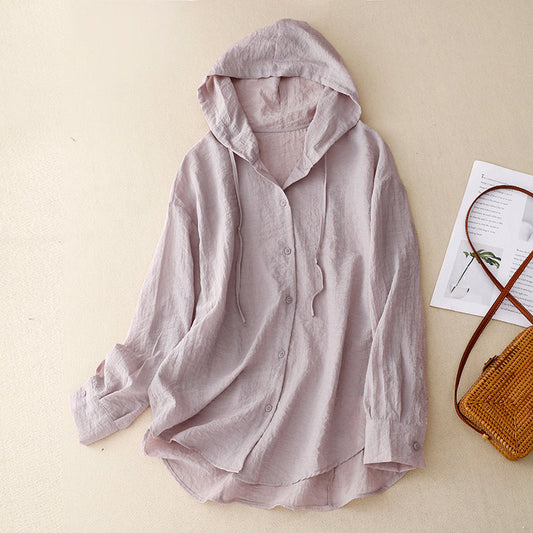 Effortless Linen Hooded Shirt for Women with Drawstring Long Sleeve Button Front Relaxed Style