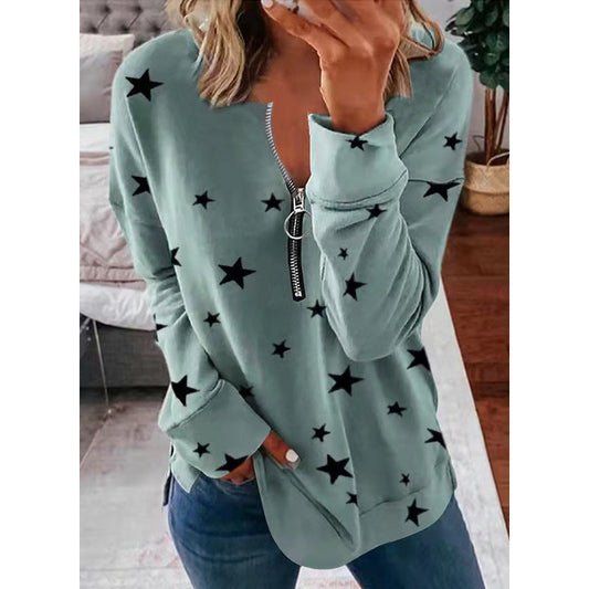 Effortless Star Print Sweatshirt for Women with Zip V Neck Long Sleeve Oversized Knit Style