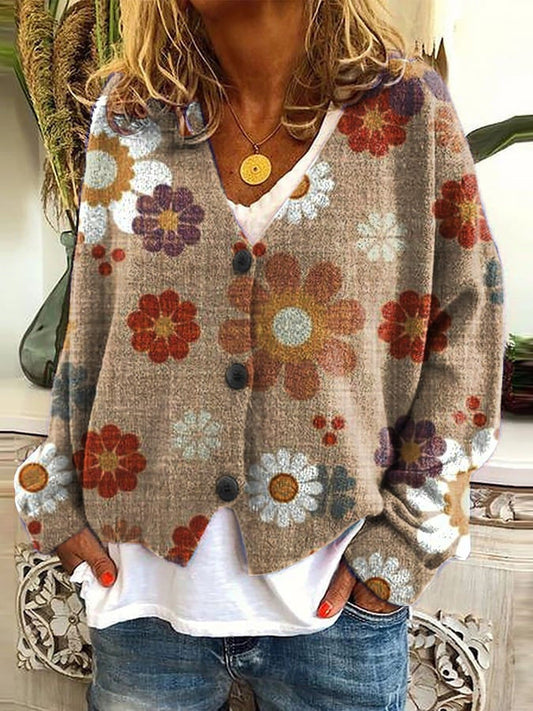 Comfortable Floral Print Cardigan Sweater for Women with V Neck Long Sleeve Button Front Relaxed Oversized Knit Style