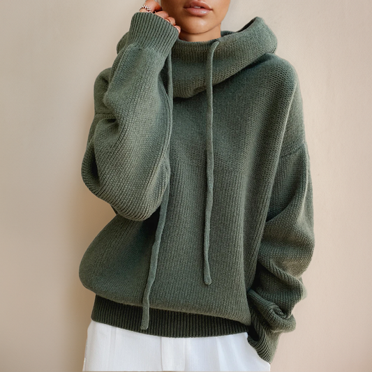 Comfortable Knit Hooded Sweater for Women with High Neck Long Sleeve Drawstring Oversized Style