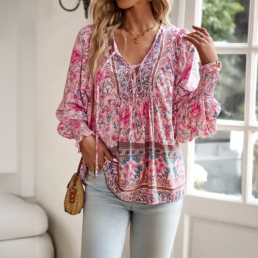 Effortless Floral Print Blouse for Women with V Neck Balloon Sleeve Tie Front Bohemian Style