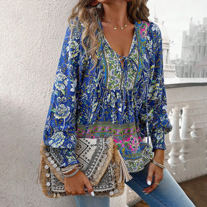 Maya | Women's Blouse Boho Floral V-Neck Long Sleeve Casual