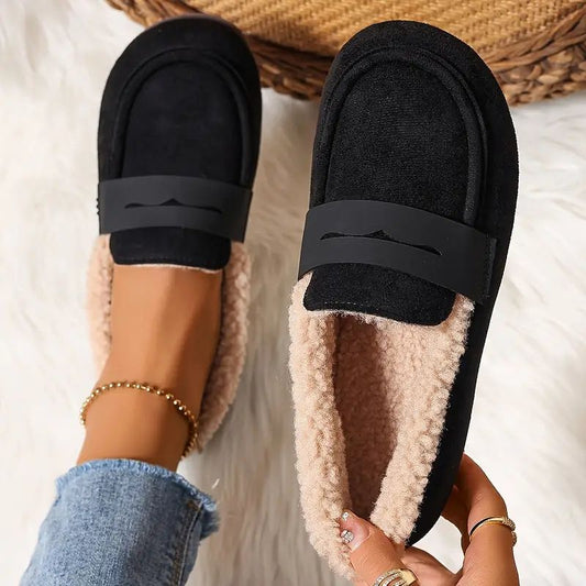 Comfortable House Shoes for Women with Faux Fur Lining Suede Look Loafer Slip On Style