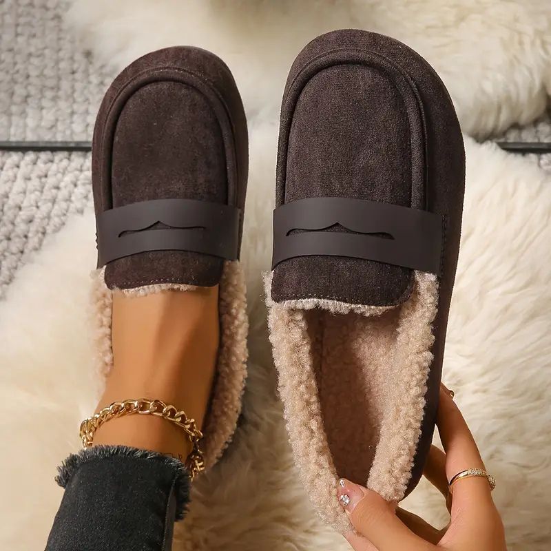 Comfortable House Shoes for Women with Faux Fur Lining Suede Look Loafer Slip On Style