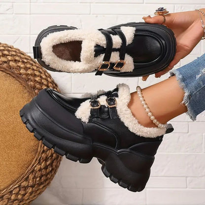 Comfortable Mary Jane Shoes for Women with Faux Fur Trim Double Buckle Strap Chunky Lug Platform Style