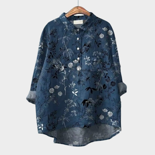 Effortless Linen Print Blouse for Women with Collar Long Sleeve Relaxed High Low Casual Style