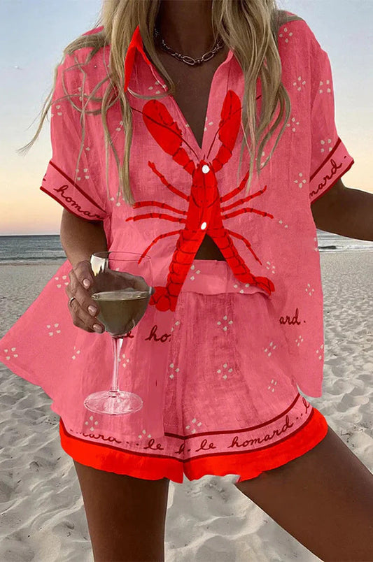 Effortless Pink Lobster Print Two Piece Set for Women with Collar Short Sleeve Button Front Relaxed Beach Style