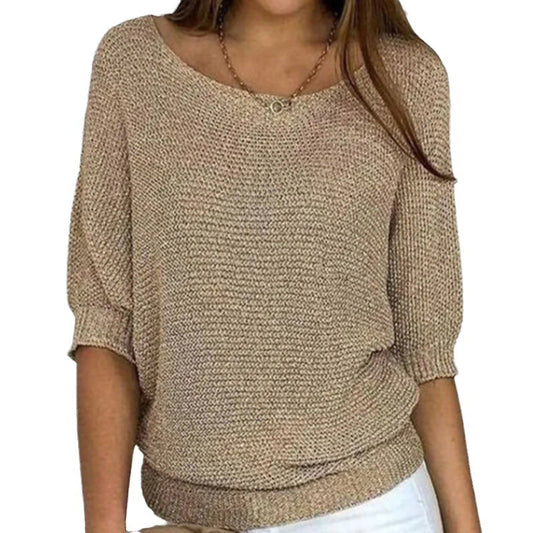 Comfortable Knit Sweater for Women with Scoop Neck Batwing Sleeve Ribbed Hem Casual Style