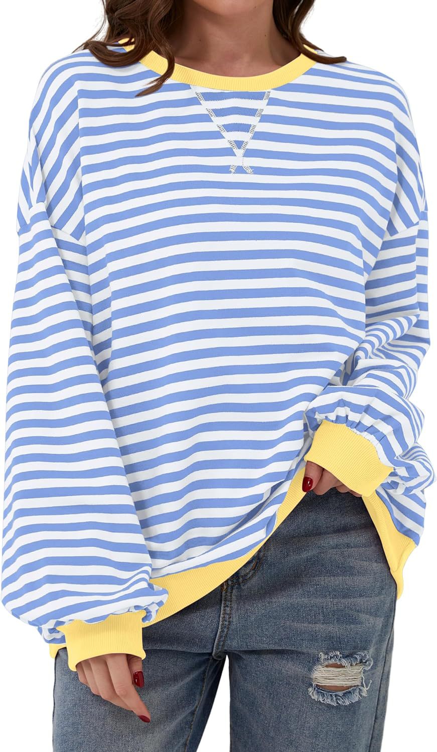 Simone | Women's Striped Contrast Crew Neck Long Sleeve Sweater