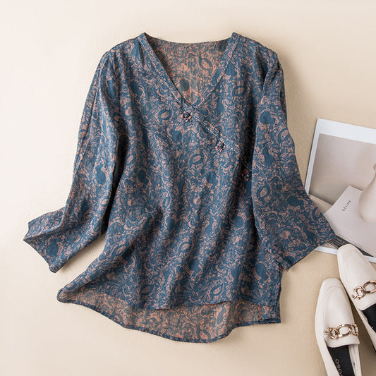 Effortless Paisley Linen Blouse for Women with V Neck Bell Sleeve Wrap Button High Low Hem Boho Style