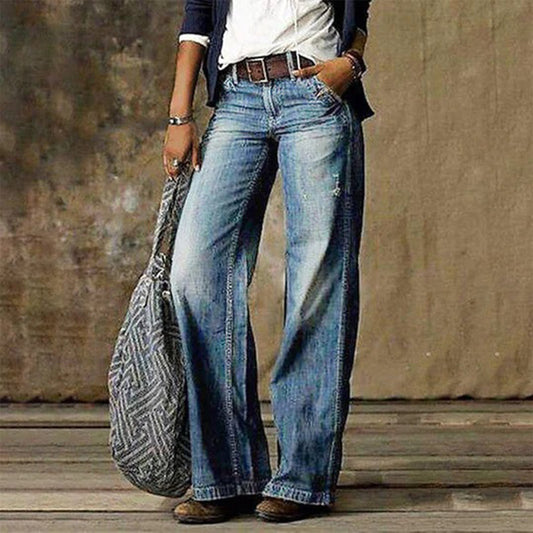 Effortless Blue Wide Leg Jeans for Women with High Waist Relaxed Vintage Wash Casual Style