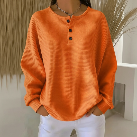Comfortable Waffle Knit Henley Top for Women with Button Front Long Sleeve Oversized Relaxed Style
