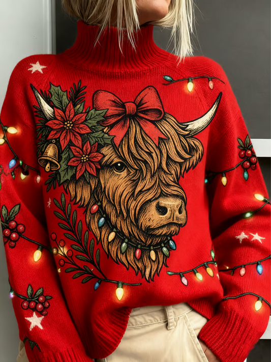 Comfortable Red Highland Cow Print Sweater for Women with Turtleneck Long Sleeve Oversized Knit Style