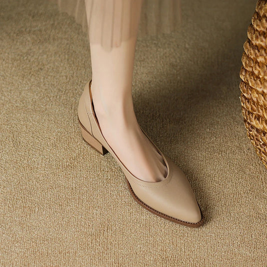 Elegant Leather Pointed Toe Pumps for Women with Low Block Heel V Cut Vamp Slip On Style