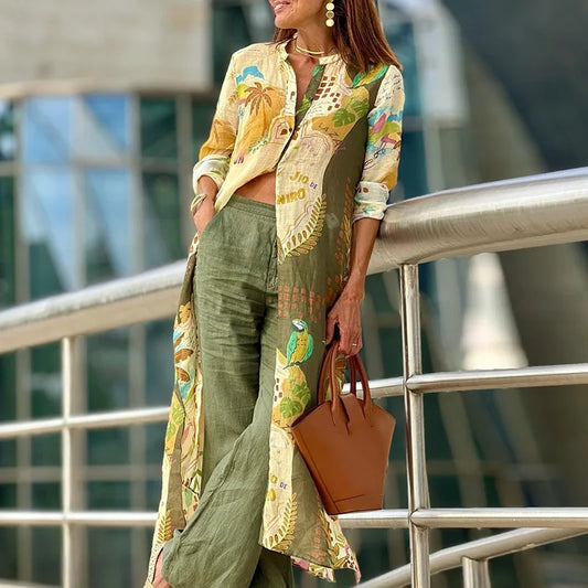 Effortless Tropical Print Wide Leg Two Piece Set for Women with Longline Duster Button Front Bohemian Style