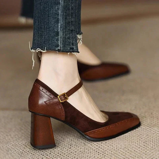 Elegant Leather Suede Mary Jane Pumps for Women with Square Toe Ankle Strap Block Heel Style