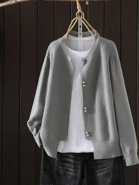 Comfortable Ribbed Knit Cardigan Sweater for Women with Round Neck Long Sleeve Pearl Button Relaxed Oversized Style