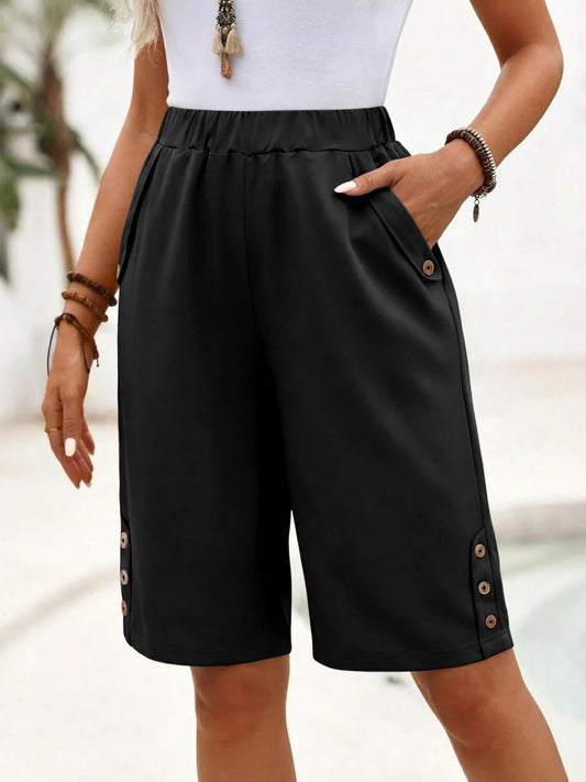 Effortless Button Trim Bermuda Short for Women with Elastic Waist Wide Leg Relaxed Casual Style