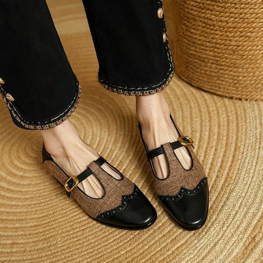 Stylish Tweed Mary Jane Flat for Women with T Strap Buckle Wingtip Brogue Style