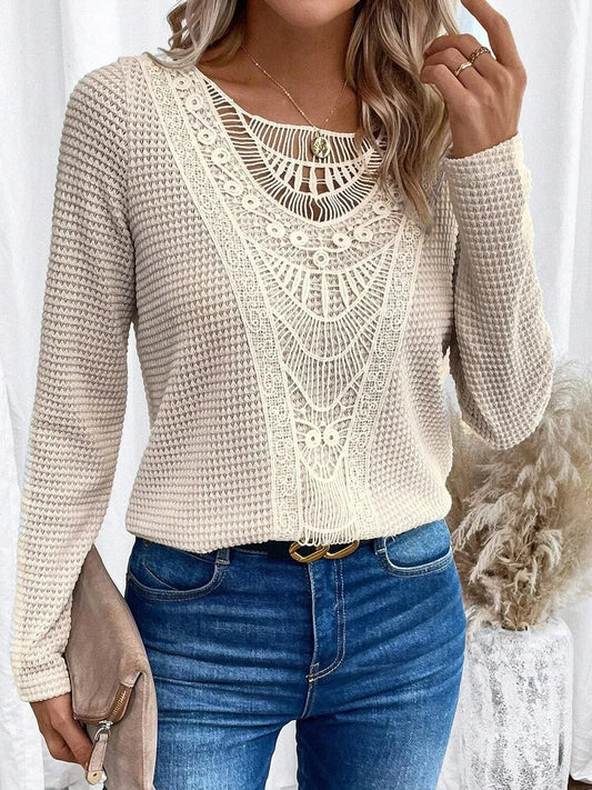 Effortless Crochet Lace Waffle Knit Top for Women with Round Neck Long Sleeve Relaxed Boho Style