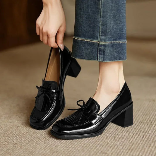 Elegant Patent Leather Tassel Loafers for Women with Kiltie Fringe Block Heel Vintage Style